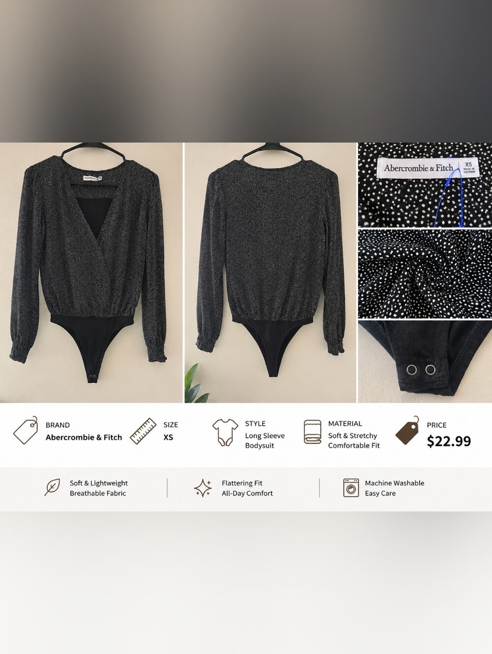 Abercrombie & Fitch Women  Black Long-Sleeve Sparkle Bodysuit - XS